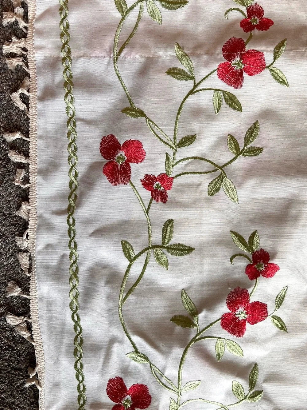 2 Panel 96” Curtain Set Linen Look Ivory Red Green Floral Embroidered Vines Boho